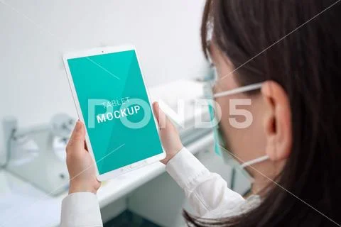 Laboratory tablet mockup. Concept of corona virus research PSD Template