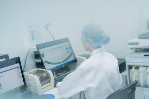 Laboratory technician analyzing data in a research facility during the day Stock Photos