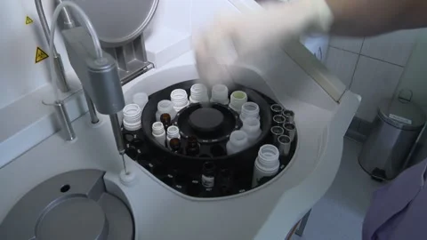 Laboratory technician loading reagents into an automated diagnostic analyzer. Stock-Footage 329998232