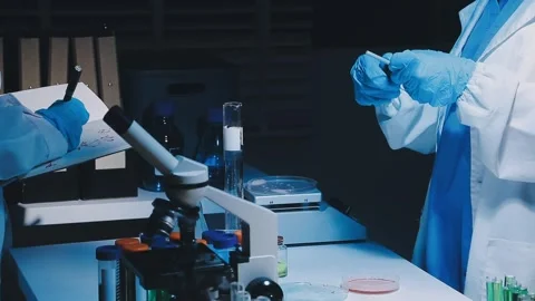 A laboratory technician makes microscopic bacteriological examination with .. Stock Footage 336485649
