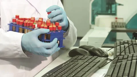 Laboratory technician meticulously records test tube data on a computer Stock Footage 311941070