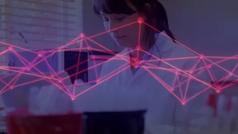 Laboratory technician placing rack pipetting fluid enabling data nodes syncing Stock Footage 318115601