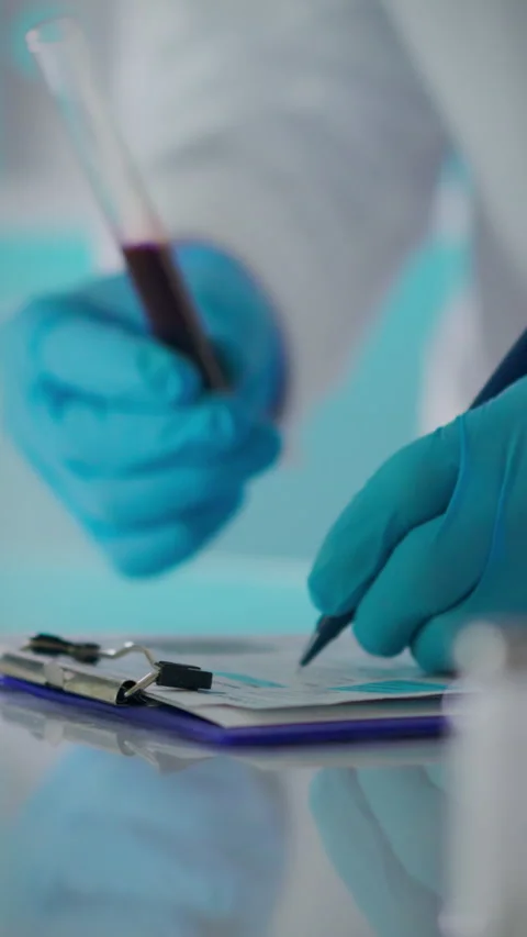 Laboratory technician recording blood sample analysis with clipboard and pen Stock Footage 331602907