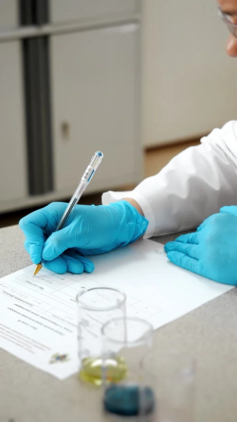 Laboratory Technician Recording Test Results on Research Form Stock Footage 345558483
