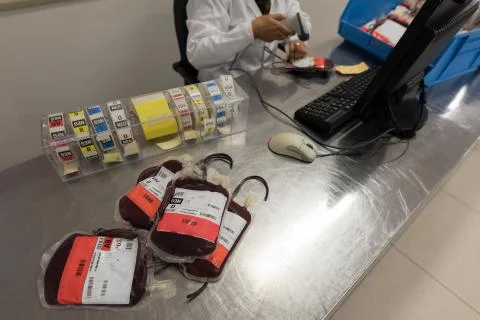 Laboratory technician scanning bar code of blood bags 写真素材
