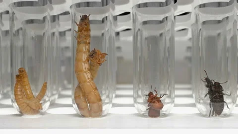 Laboratory technician takes test tube with larvae and bugs Tenebrio molitor Stock Footage 99608043