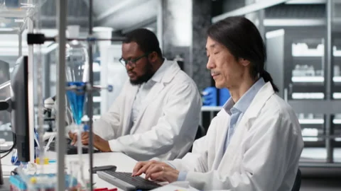 Laboratory technician uses computer app, doing research into human health Stock Footage 320144019