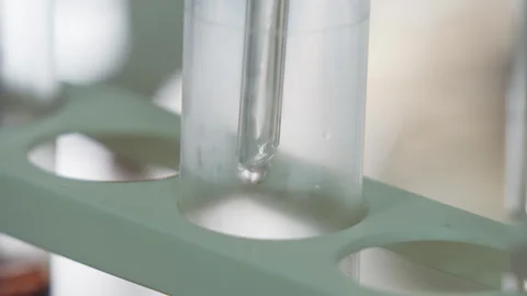 A laboratory technician in a white coat and protective gloves pours liquid into Stock Footage 333461642