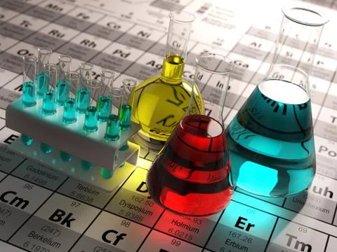 Laboratory test tubes and flasks with colored liquids on the periodic table o Иллюстрация