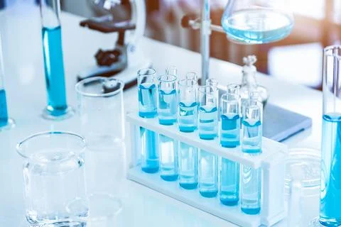 Laboratory test tubes and solution with stethoscope background. Science and.. Fotos de archivo