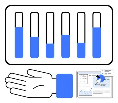Laboratory Test Tubes, Open Hand, and Data Analysis Chart in Minimalist Style Illustrazione stock