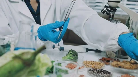 Laboratory testing of different food products. Selective focus.. Stock Footage 319817203