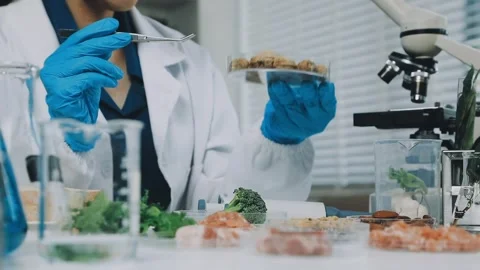 Laboratory testing of different food products. Selective focus.. Stock Footage 319817206