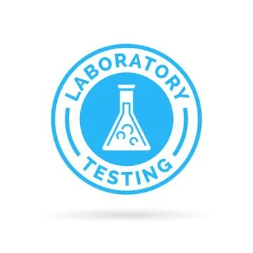 Laboratory testing sign with blue lab beaker icon silhouette. Stock Illustration