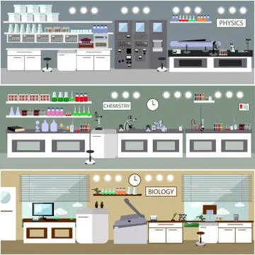 Laboratory vector illustration. Science lab interior. Biology, Physics and Stock Illustration
