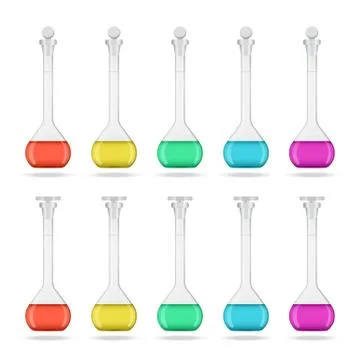Laboratory volumetric flasks with solution Ilustración de archivo