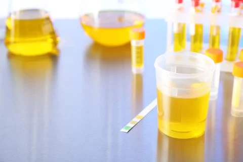 Laboratory ware with samples for urine analysis on table. Space for text Stock Photos