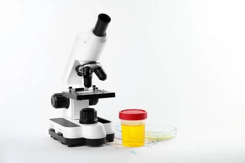 Laboratory ware with urine samples for analysis and microscope on white backg Stock Photos