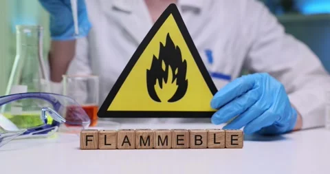 Laboratory Warning Flammable Sign Displayed Alongside Chemicals Inside a Science Stock Footage 312182391