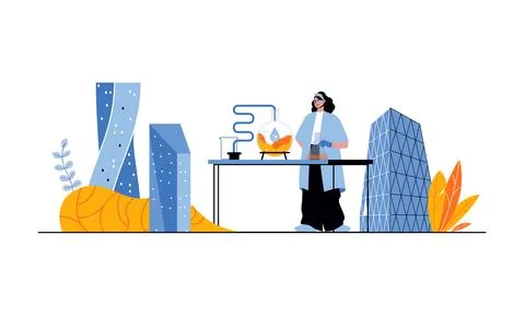 Laboratory web concept with people in flat cartoon design. Woman chemist maki Stock Illustration
