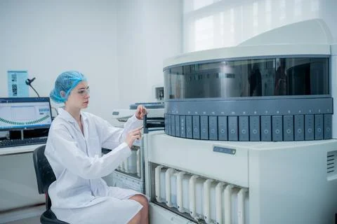 Laboratory worker conducts tests with machine in lab setting during daytime.. Stock Photos