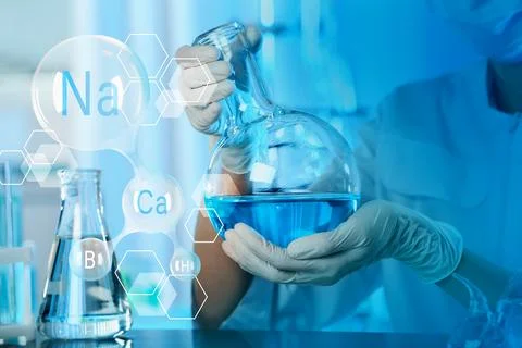 Laboratory worker holding flask with sample indoors and chemical compound w.. 库存照片