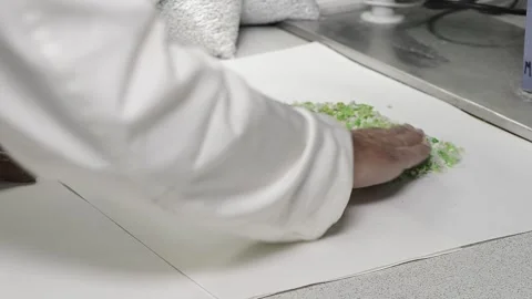 Laboratory worker manipulating crushed recycled plastic flakes Stock Footage 332649684