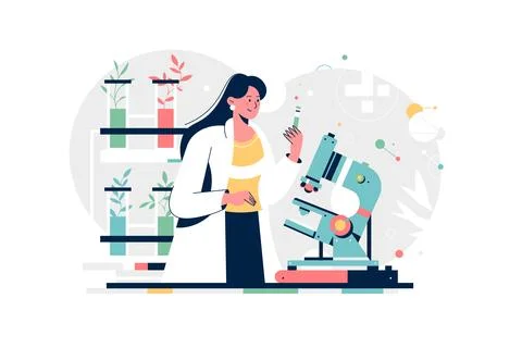 Laboratory worker with microscope. Scientist working. Chemist experience Stock Illustration