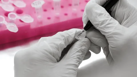 Laboratory worker in white gloves labels a test tube with DNA samples. 스톡 동영상 294160277
