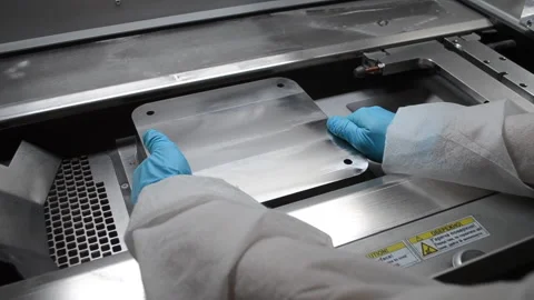Laboratory worker in white protective suit and gloves installing metal platform Stock Footage 232819447