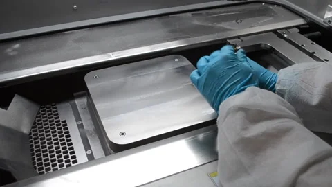 Laboratory worker in white protective suit and gloves installing metal platform Stock Footage 233364325