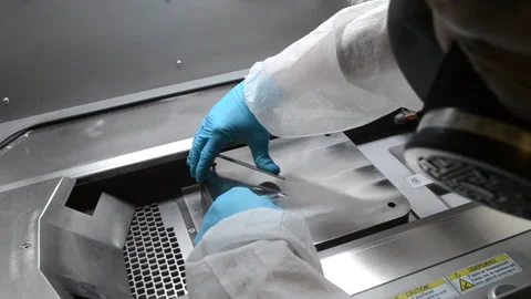 Laboratory worker in white protective suit and gloves installing metal platform Stock Footage 233611916