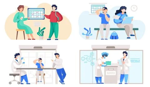 Laboratory workers, scientific researchers in lab. Nurse interviews the child Stock Illustration