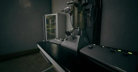 Laboratory workspace featuring advanced microscopy equipment and supplies Illustrazione stock