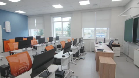 Laboratory workspace includes desks and stationary computers Stock Footage 335644062