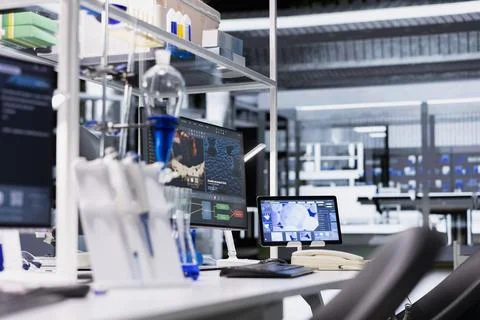 Laboratory workstation and tablet display DNA visualization software 写真素材