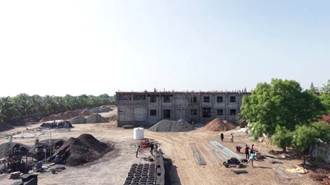 Laborers Installing Steel Bar Frame on Construction Site Slab for Building Stock Footage 340153551