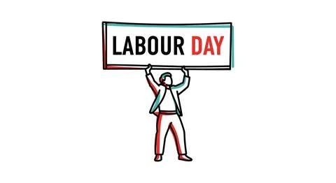 Labour day abstract vector illustration of strong worker lifting banner bold red Stockillustratie
