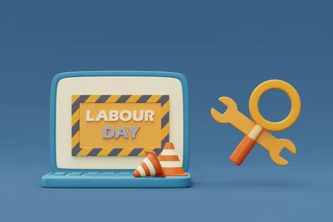 Labour day on computer laptop screen with Construction tools and equipment.3d Stock-Illustration