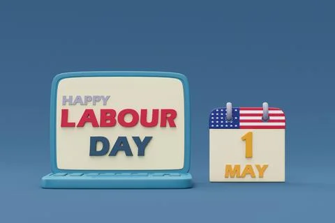 Labour day on computer laptop screen with calendar,Construction tools and equ Stock-Illustration