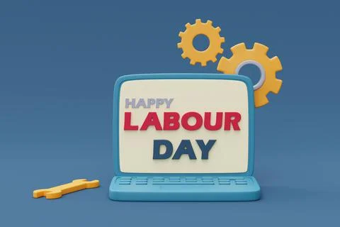 Labour day on computer laptop screen with Construction tools and equipment.3d Stock-Illustration