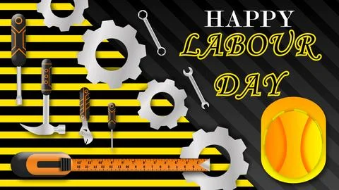 Labour day greetings with workers tool and spare parts on black and yellow .. Stock Illustration