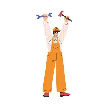 Labour Day with Happy Man Engineer in Helmet with Hammer and Wrench Standing Illustrazione stock