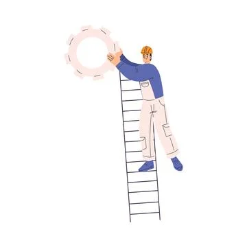 Labour Day with Happy Man Engineer in Overalls in Helmet Holding Cogwheel on Stock Illustration