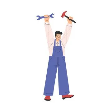 Labour Day with Happy Man Engineer in Overalls Standing with Wrench and Hammer Illustrazione stock