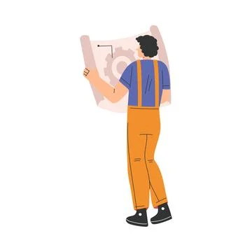 Labour Day with Man Engineer Character in Orange Overalls Standing with Paper Stock Illustration