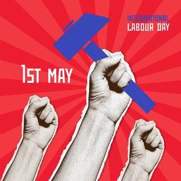 Labour day square card with halftone collage hand holding hammer with raised Stock Illustration