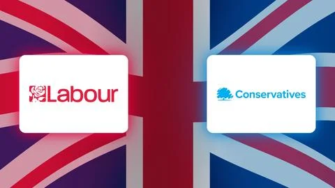 Labour vs Conservatives logos on UK flag Ilustración de archivo