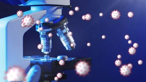 Labtech gloved hand placing scope slide and focusing sample, virus overlays Stock Footage 335761793