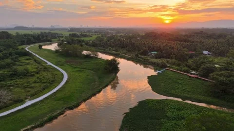 Labuh Banting River Sunset Drone View Over Countryside Stock-Footage 329353368